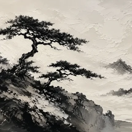 Windswept Pine Landscape Ink Wash Wall Art Canvas Print