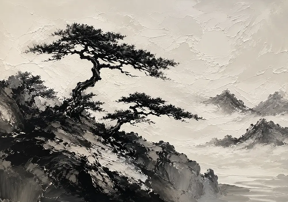 Windswept Pine Landscape Ink Wash Wall Art Canvas Print