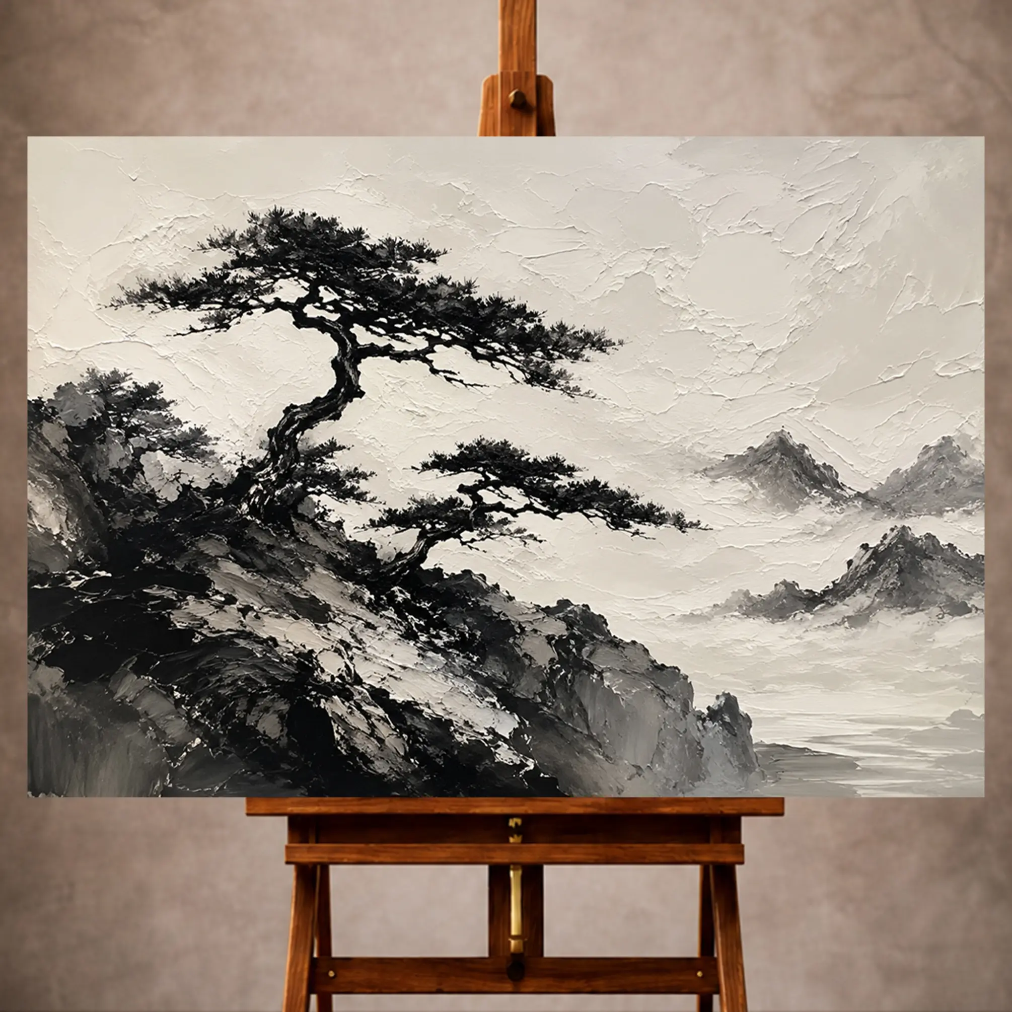 Premium Wall Art Yatay Html Edition – Monocrome059 Image 1 Monochrome Ink Wash Wall Art print featuring windswept pine trees across rocky terrain for elegant interiors