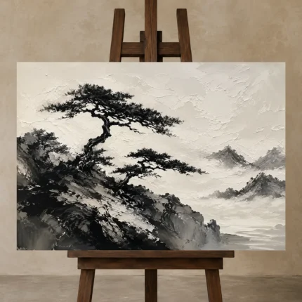 Windswept Pine Landscape Ink Wash Wall Art Canvas Print displayed on a studio easel