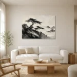 Windswept Pine Landscape Ink Wash Wall Art Canvas Print styled in a refined neutral interior