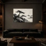 Windswept Pine Landscape Ink Wash Wall Art Canvas Print shown in a warm modern interior