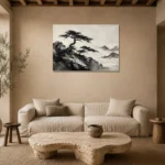 Windswept Pine Landscape Ink Wash Wall Art Canvas Print presented in a sophisticated home setting