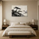 Windswept Pine Landscape Ink Wash Wall Art Canvas Print showcased in an elegant minimalist interior