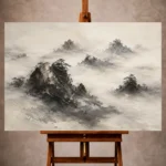 Charcoal and ivory Ink Wash Wall Art print featuring rocky islands emerging from mist for elegant interiors