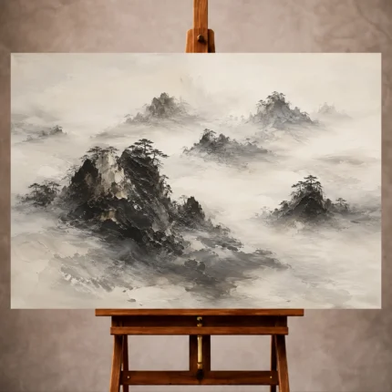 Charcoal and ivory Ink Wash Wall Art print featuring rocky islands emerging from mist for elegant interiors