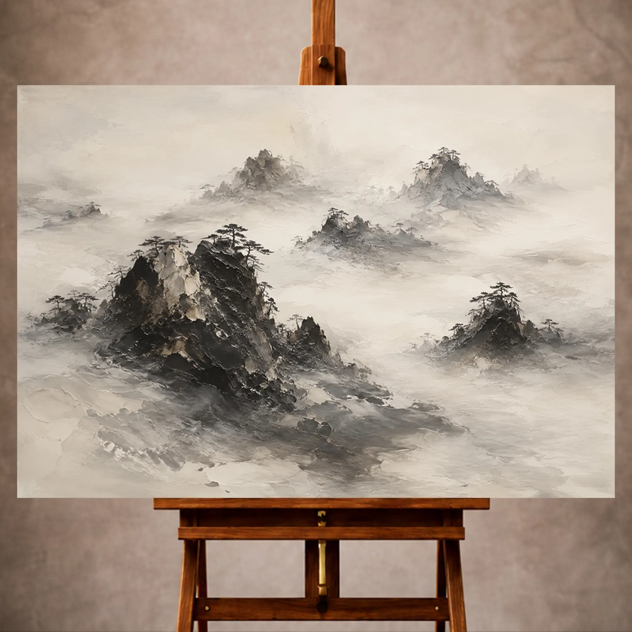 Premium Wall Art Yatay Html Edition – Monocrome060 Image 1 Charcoal and ivory Ink Wash Wall Art print featuring rocky islands emerging from mist for elegant interiors