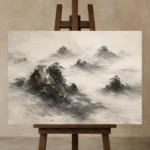 Misty Rocky Islands Ink Wash Wall Art Canvas Print displayed on a studio easel