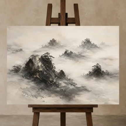 Misty Rocky Islands Ink Wash Wall Art Canvas Print displayed on a studio easel
