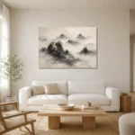Misty Rocky Islands Ink Wash Wall Art Canvas Print styled in a refined neutral interior