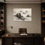 Misty Rocky Islands Ink Wash Wall Art Canvas Print displayed in a contemporary gallery-inspired room