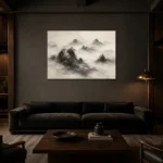 Misty Rocky Islands Ink Wash Wall Art Canvas Print shown in a warm modern interior