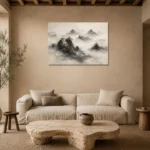 Misty Rocky Islands Ink Wash Wall Art Canvas Print presented in a sophisticated home setting