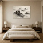 Misty Rocky Islands Ink Wash Wall Art Canvas Print showcased in an elegant minimalist interior