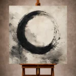 Black and warm ivory Ink Wash Wall Art print featuring a monumental ensō-inspired circle for elegant interiors