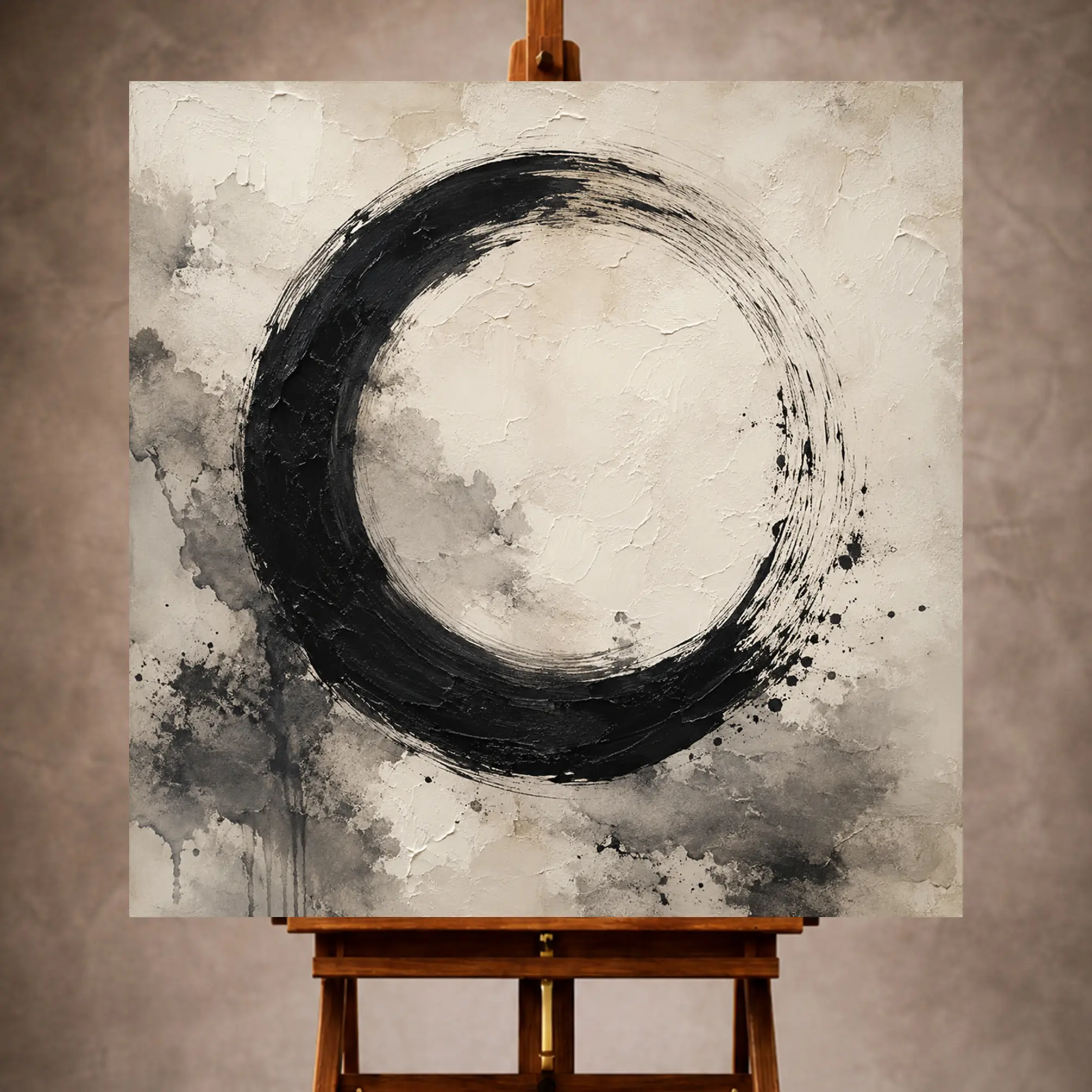 Premium Wall Art Kare Html Edition – Monocrome061 Image 1 Black and warm ivory Ink Wash Wall Art print featuring a monumental ensō-inspired circle for elegant interiors