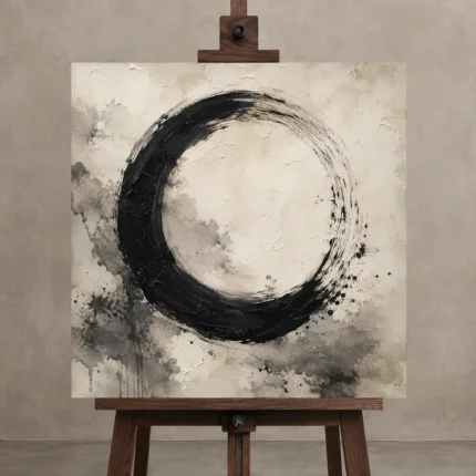 Monumental Ensō Circle Ink Wash Wall Art Canvas Print displayed on a studio easel