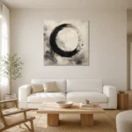 Monumental Ensō Circle Ink Wash Wall Art Canvas Print styled in a refined neutral interior