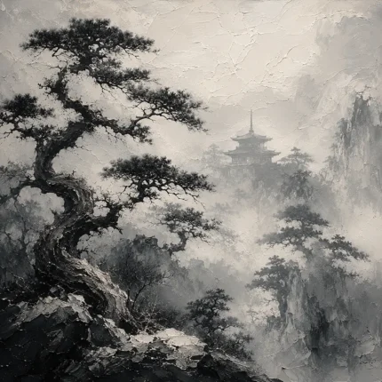 Ancient Pine Temple Ink Wash Wall Art Canvas Print