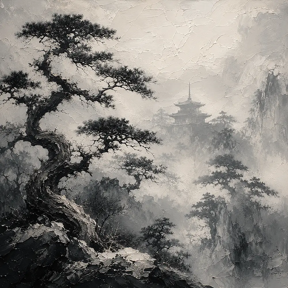 Ancient Pine Temple Ink Wash Wall Art Canvas Print