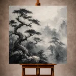 Charcoal and ivory Ink Wash Wall Art print featuring twisted pines around a fog-veiled temple for elegant interiors