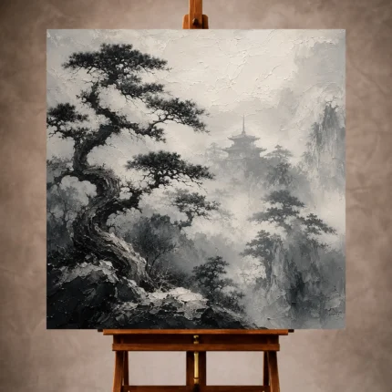 Charcoal and ivory Ink Wash Wall Art print featuring twisted pines around a fog-veiled temple for elegant interiors