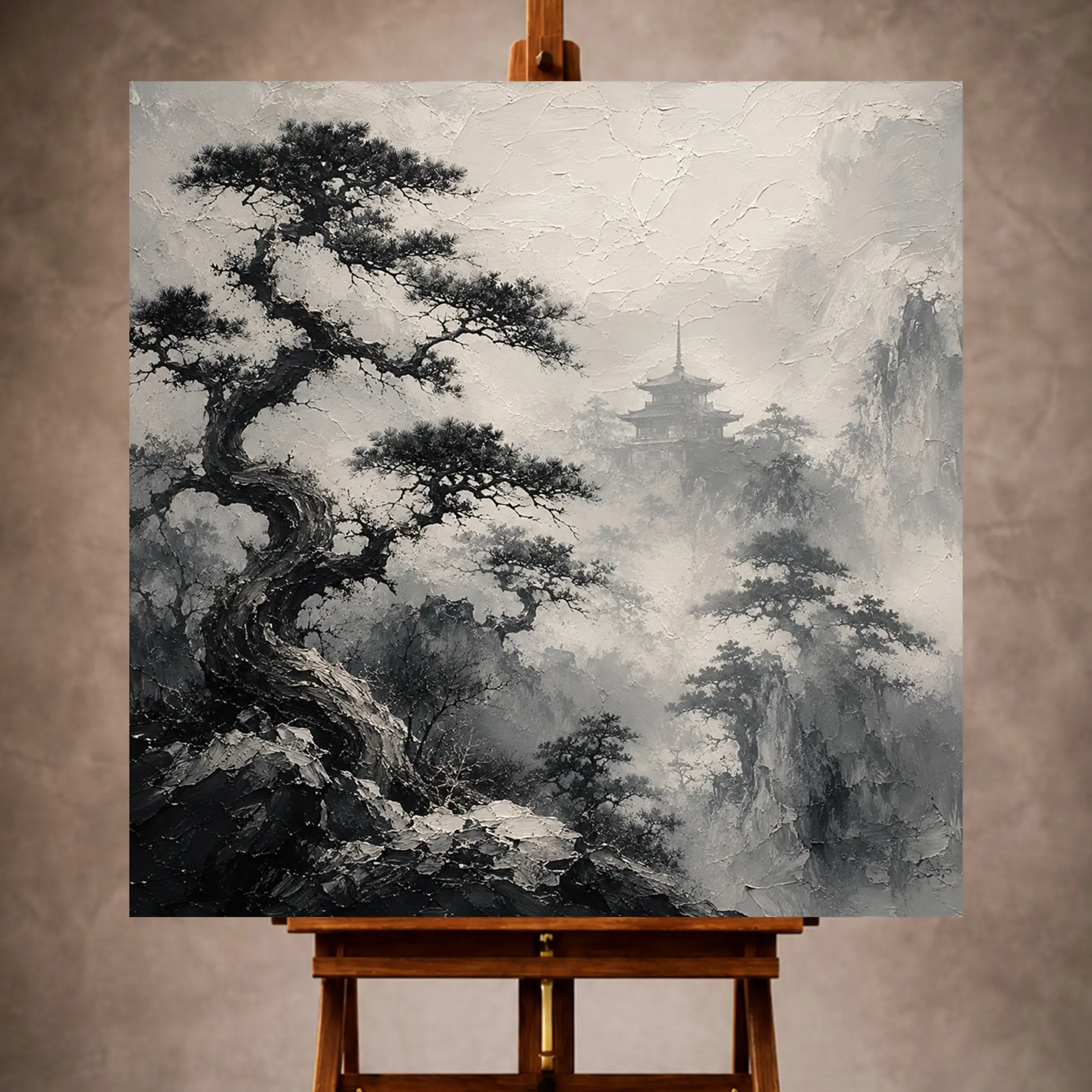 Premium Wall Art Kare Html Edition – Monocrome062 Image 1 Charcoal and ivory Ink Wash Wall Art print featuring twisted pines around a fog-veiled temple for elegant interiors