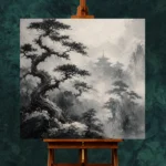 Ancient Pine Temple Ink Wash Wall Art Canvas Print - Image 2