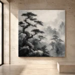 Ancient Pine Temple Ink Wash Wall Art Canvas Print - Image 3