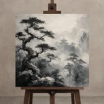 Ancient Pine Temple Ink Wash Wall Art Canvas Print displayed on a studio easel