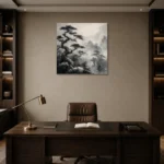 Ancient Pine Temple Ink Wash Wall Art Canvas Print displayed in a contemporary gallery-inspired room