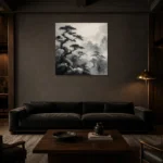 Ancient Pine Temple Ink Wash Wall Art Canvas Print shown in a warm modern interior