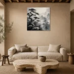 Ancient Pine Temple Ink Wash Wall Art Canvas Print presented in a sophisticated home setting