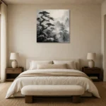 Ancient Pine Temple Ink Wash Wall Art Canvas Print showcased in an elegant minimalist interior