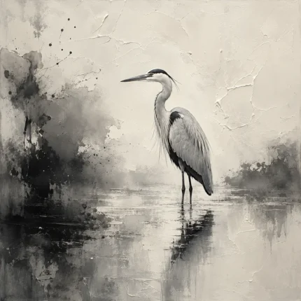 Tranquil Heron Reflection Ink Wash Wall Art Canvas Print