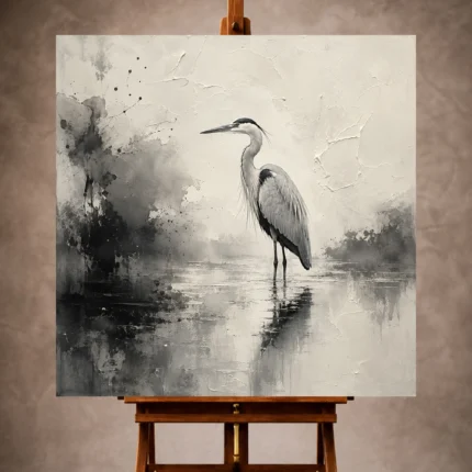 Black and ivory Ink Wash Wall Art print featuring a solitary heron standing in reflective water for elegant interiors