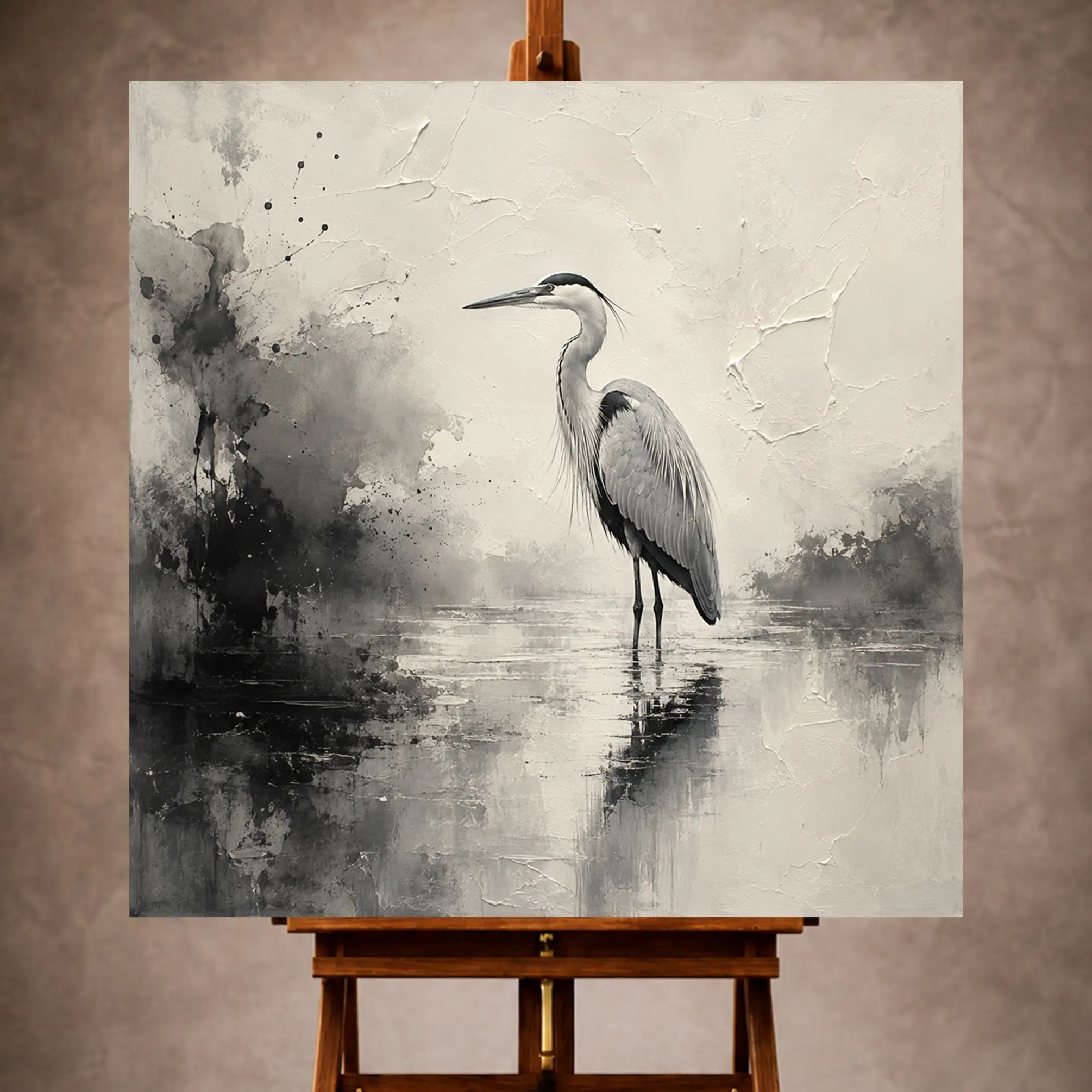 Premium Wall Art Kare Html Edition – Monocrome063 Image 1 Black and ivory Ink Wash Wall Art print featuring a solitary heron standing in reflective water for elegant interiors