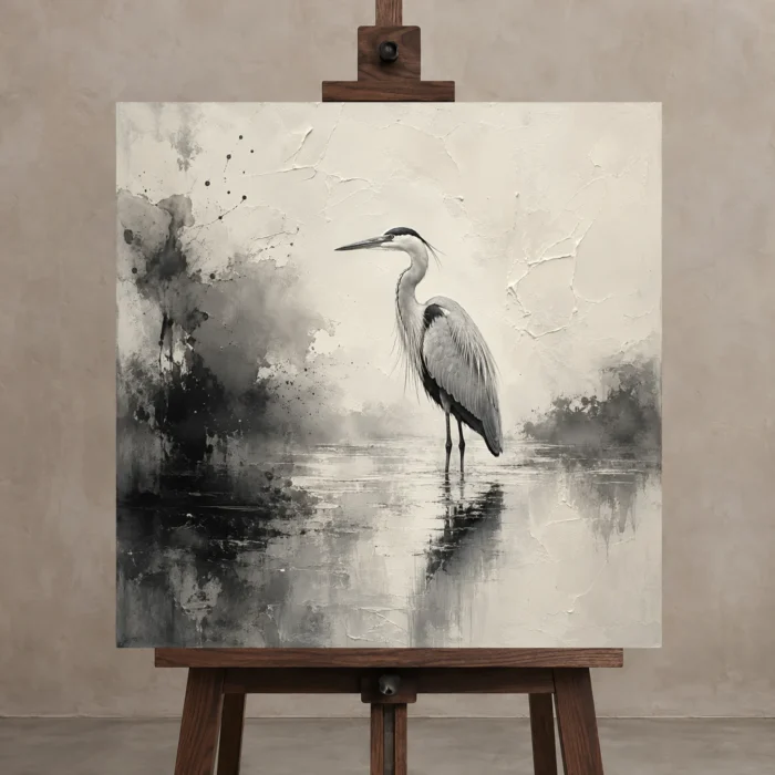 Tranquil Heron Reflection Ink Wash Wall Art Canvas Print displayed on a studio easel