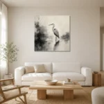 Tranquil Heron Reflection Ink Wash Wall Art Canvas Print styled in a refined neutral interior