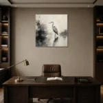 Tranquil Heron Reflection Ink Wash Wall Art Canvas Print displayed in a contemporary gallery-inspired room