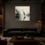 Tranquil Heron Reflection Ink Wash Wall Art Canvas Print shown in a warm modern interior