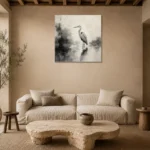 Tranquil Heron Reflection Ink Wash Wall Art Canvas Print presented in a sophisticated home setting