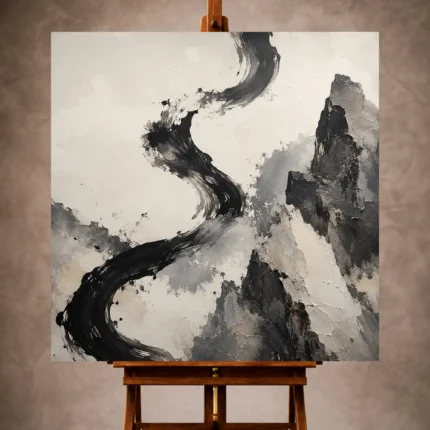 Jet black and gray Ink Wash Wall Art print featuring calligraphic brushwork and sculptural stone forms for elegant interiors