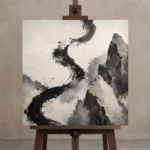 Calligraphic Stone Forms Ink Wash Wall Art Canvas Print displayed on a studio easel