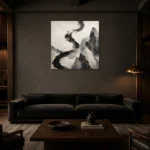 Calligraphic Stone Forms Ink Wash Wall Art Canvas Print shown in a warm modern interior