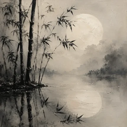 Moonlit Bamboo Reflection Ink Wash Wall Art Canvas Print