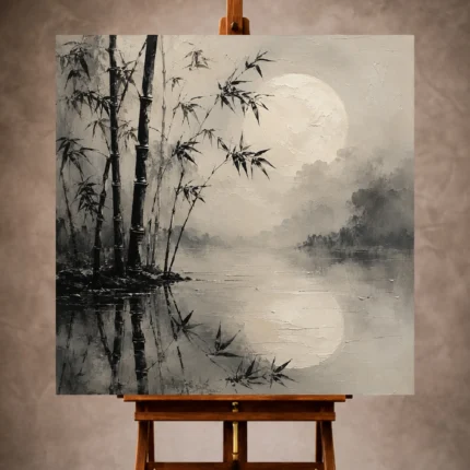 Charcoal and ivory Ink Wash Wall Art print featuring bamboo reflected beneath a mist-veiled moon for elegant interiors