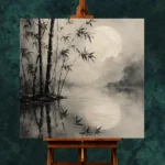 Moonlit Bamboo Reflection Ink Wash Wall Art Canvas Print - Image 2