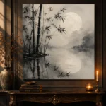 Moonlit Bamboo Reflection Ink Wash Wall Art Canvas Print - Image 4