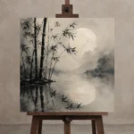 Moonlit Bamboo Reflection Ink Wash Wall Art Canvas Print displayed on a studio easel